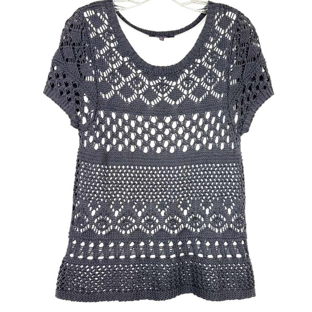 Olivia Sky Womens Charcoal Gray Open Knit Crochet Short Sleeve Lined Top Medium